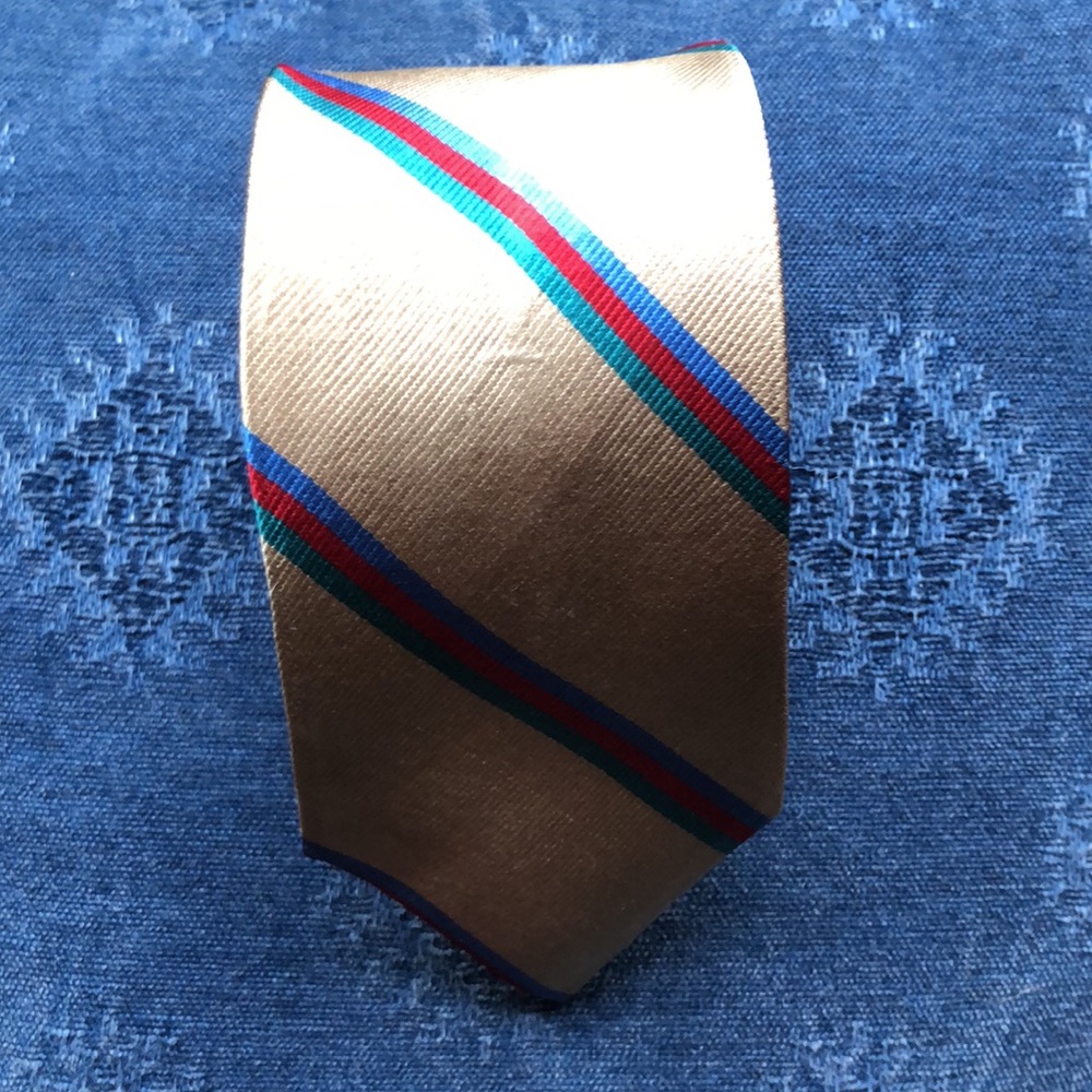 VTG Cavalier Slim Silk Tie Golden Tan Background Red/Blue/Green Stripes. USA